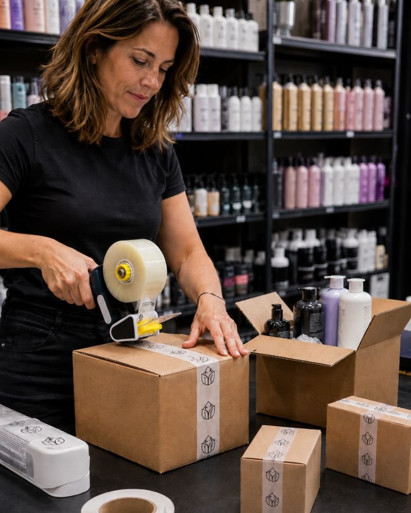 Imagen de chica precintando cajas con precintadora manual