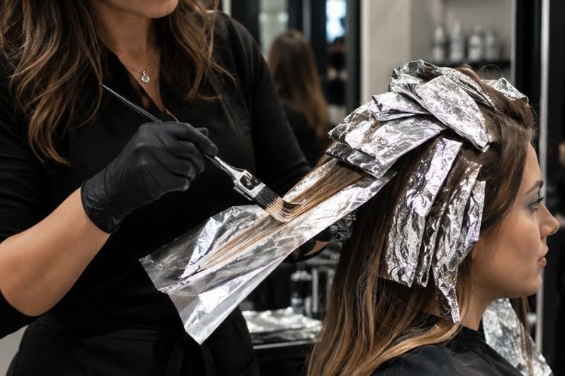 Imagen de una peluquera aplicando tinte usando papel de aluminio